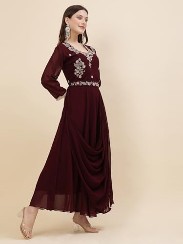 Image of Women's Embroidered Maxi Fit Flared Ethnic Dress Saree Wine