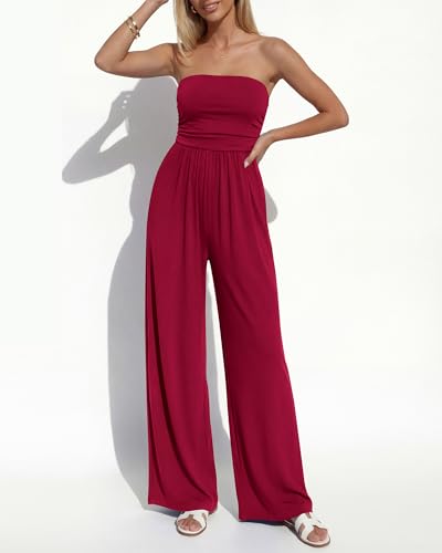 BTFBM Jumpsuits For Women Summer 2026 Beach Vacation Strapless Tube Top Jumpsuit Ruched Casual Wide Leg Pant Rompers(Red, X-Large) — view 5