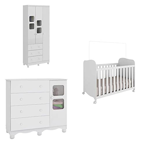 Quarto de Bebê Completo com Guarda Roupa 3 Portas 1 Berço 1 Cômoda Uli Móveis Peroba Branco Brilho
