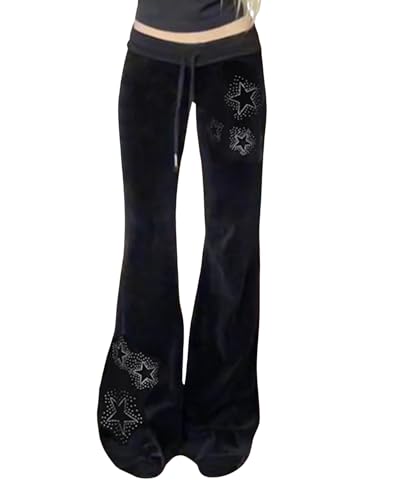 Velvet Star Rhinestone Flare Pants for Women, Bootcut Low Rise Drawstring Bell Bottoms, Y2K Streetwear