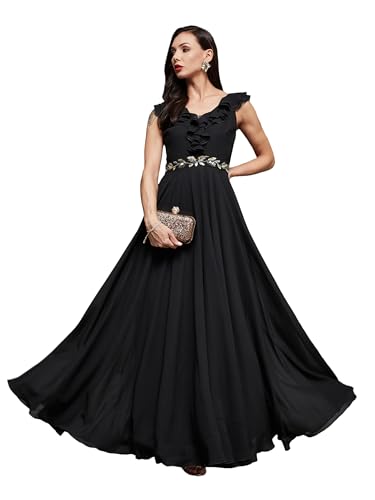 Image of Miss Chase Women's Round Neck Sleeve Embellished Fit Flare Maxi Dress