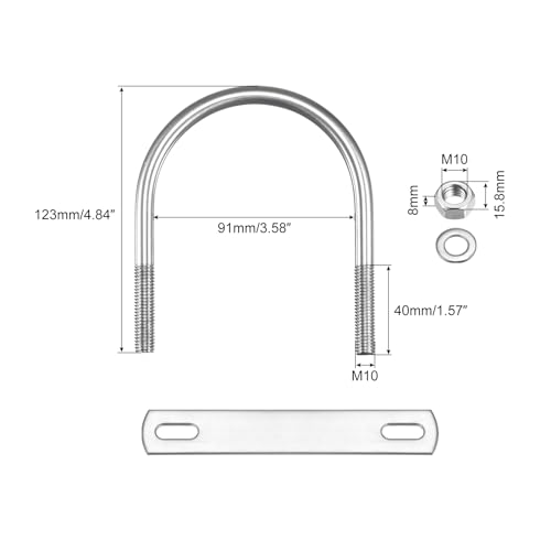 Image of uxcell Round U-Bolts, 2 Sets 91mm(3.58 inch) Inner Width 123mm Length M10 304 Stainless Steel U Clamp Bolt with Nuts Washers and Plates, for Boat Trailer