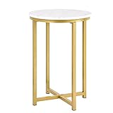 Houssem Stylish Round Side End Table with Marble Top & Gold Base, Modern Bedside Small Coffee Table for Bedroom Living Room, 16'(Dia) x 24.25'(H)