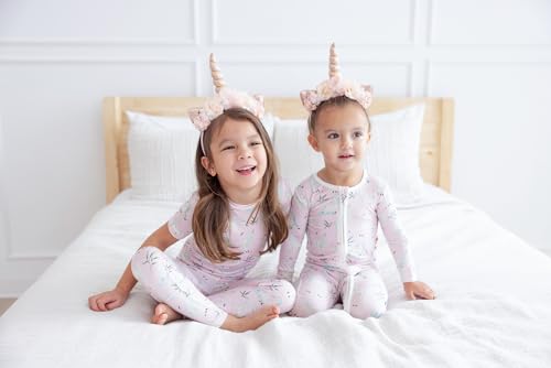 KicKee Print Short Sleeve Pajama Set, Baby to Kid, Viscose from Bamboo Fitted Pajamas, Seasonal Collections, Outdoors (Shrinking Violet Sleeping Unicorns - 5 Years)3