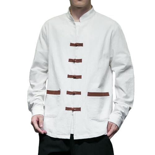 Chemise homme style chinois rétro en coton et lin à manches longues