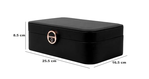 Image of BucketList Large PU Leather Jewellery Organizer Box with Necklace Hooks | Multi-Layer Jewelry Storage Case with Removable Tray & Secure Lock (PU Leather with Removable Tray (Black))