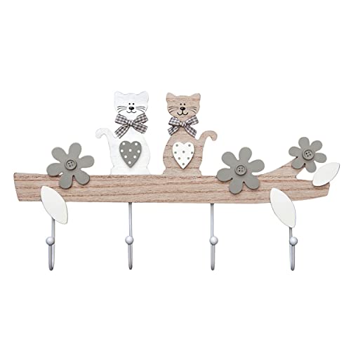 SPOTTED DOG GIFT COMPANY - Porte-manteaux mural en bois - 4 crochets - mur/porte - chambre d'enfant/cuisine/vestiaire - motif chat mignon - naturel/gris/blanc