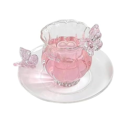 MeetChanning Butterfly Elegance Glass Tea Cup & Saucer Set,4.4 Oz Coffee Mug with Floral Design Tea Cups for Women,Gifts for Afternoon Tea & Home Decor