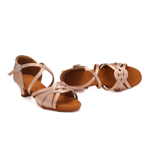 HIPPOSEUS Girls Silk Satin Latin Dance Shoes Open Toe Ballroom Salsa Dance Practice Performance Dancing Shoes Kitten Heel,Model EM4