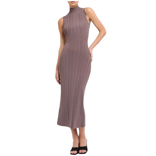 Robe tricotée midi col haut sans manches robe été ajustée moulante