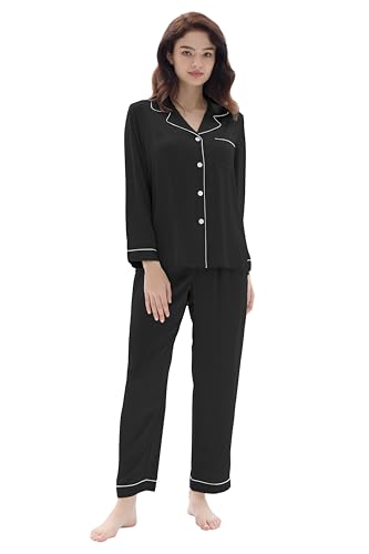 Joyaria Button Down Pajama Set Cool Breathable Loungewear Long Sleeve Silky Satin Night Suit Menopause Winter Hot Flashes (Black,L)