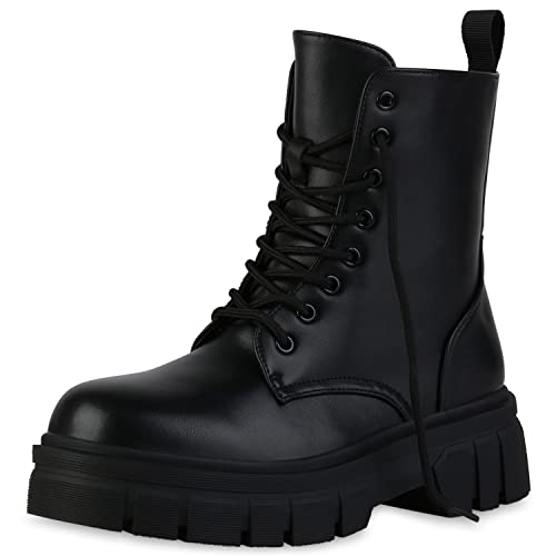 VAN HILL Damen Stiefeletten Plateau Boots Blockabsatz Schuhe Freizeit Stiefel Profilsohle Booties Plateauschuhe 207057 Schwarz 38