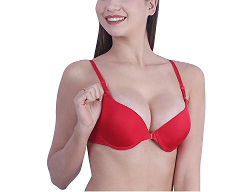 Image of Brachy Women's Polycotton Front Open Multi-Way Padded Underwired Extra Push-Up Bra (Red,34B)