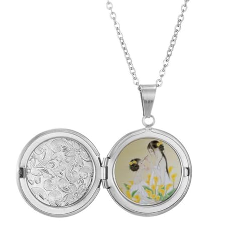 Collier médaillon aquarelle chinoise pendentif fleur bijou femme