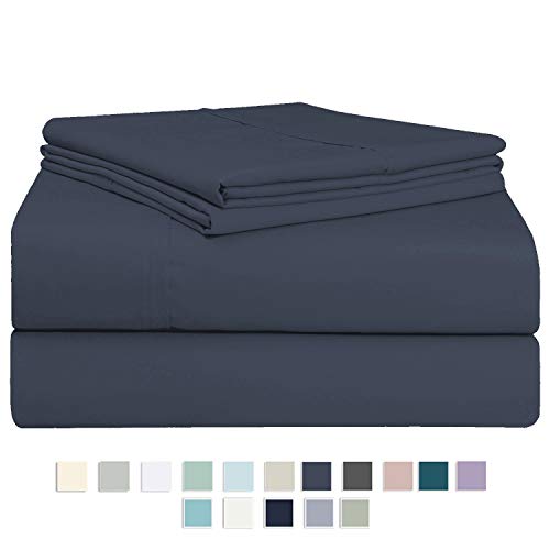 Pizuna 400 Thread Count Cotton Queen Sheets Set Dark Blue, 100% Long Staple