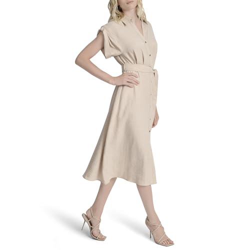 DKNY Women's Short Extended Sleeves Collared Neck Slit Pocket Dress with Removable Belt3