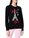 Jersey de cuello redondo en un 80% de lana cardada, calibre 12, con mangas largas acolchadas y Torre Eiffel intarsia. "Amour" y "Love Moschino" están bordados.