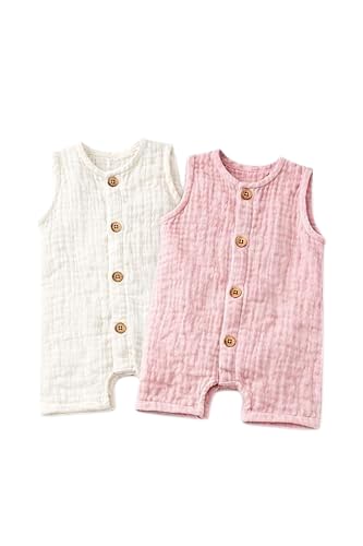 Image of La Vie BabyCare Organic Crinkle Muslin Rompers for Babies |Soft, Lightweight Infant Bodysuits, Gentle on Sensitive Skin, Summer Wear, Multicolor Stylish Baby Outfit, Pack of 2 (3-6 Months)