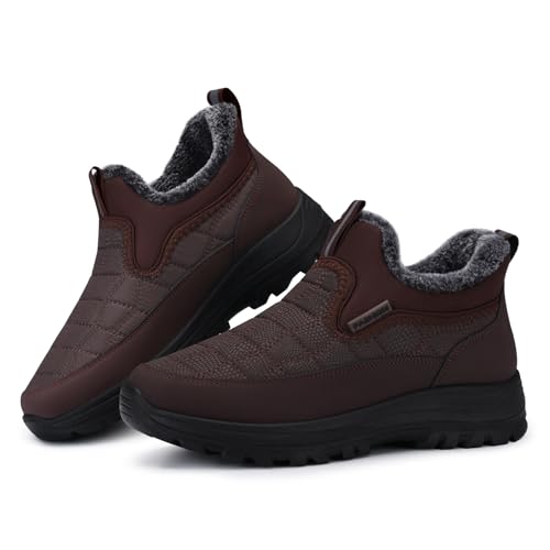 SHIBEVER Women's Snow Boots Winter: Fur Lined Slip-On Waterproof Ankle Booties Anti-Slip Comfortable Warm Women Shoes Brown Size 8