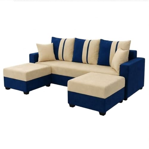 Image of Zenix 5 Seater L Shape Sofa Set with 2 Movable Ottomans | Flexible Layout | Rich Velvet Suede Fabric | Silver Legs | Spacious Seating | Modern Sofa for Living Room (Dark Blue-Cream)