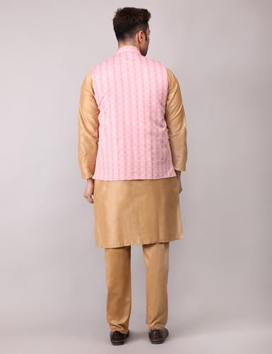 Image of Men's Cotton Silk Blend Regular Kurta Pyjama, Embroidered Nehru Jacket /Waistcoat Set