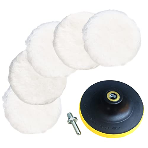 Image of Wool Polishing Pads Set, 5 Inch Wool Pads with Backing Pad and Adapter, Sheepskin Wool Buffing Pads for Car Finishing, Wood Furniture, Glass and So On (7 Pieces Set)
