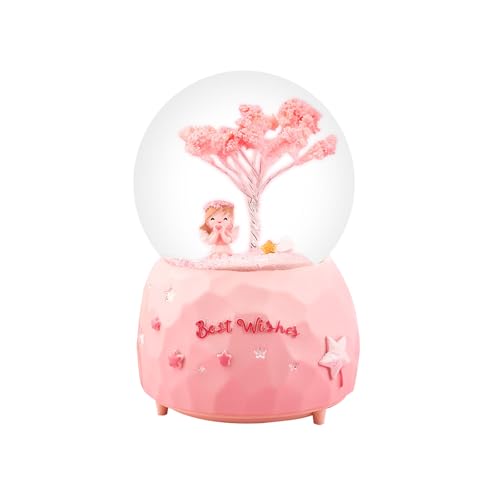 Cherry Blossom Angel Snow Globe, 81mm Water Globe Music Box with Color Changing LED Lights and Automatic Snowflakes, Birthday Christmas Festival Gift for Girls Granddaughters Babies(A)