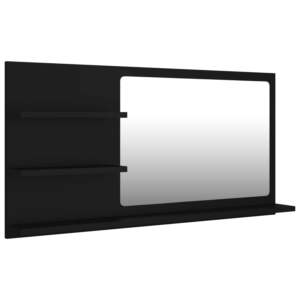 Miroir de salle de bain noir 90 cm avec 3 étagères en bois suspendu moderne