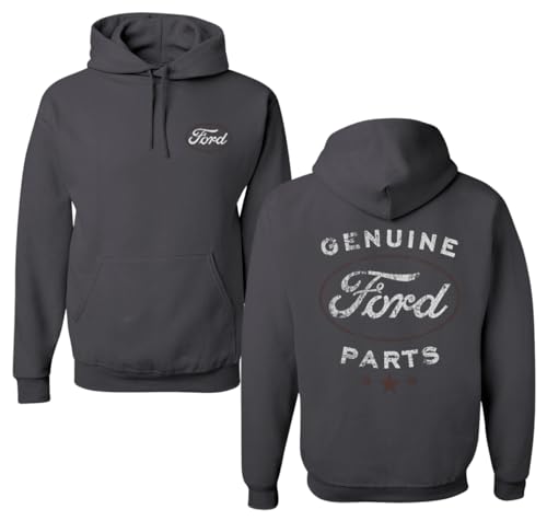 Wild Bobby Vintage Distressed Genuine Ford Parts Cars and Trucks Front and Back Unisex Graphic Hoodie Sweatshirt Charcoal Large
