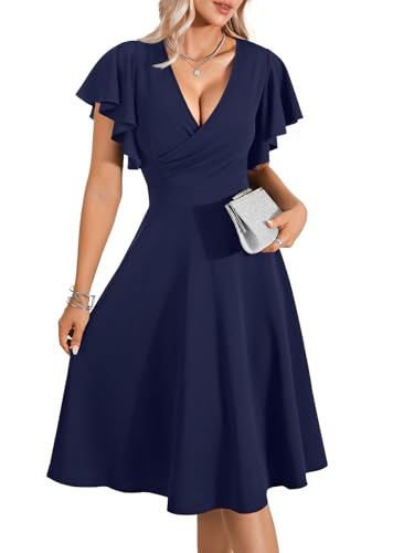 Image of LYANER Women's Warp V Neck Ruffle Short Sleeve A Line Swing Flared Cocktail Party Midi Dress