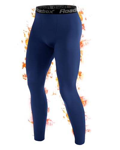 Roadbox Men's Thermal Compression Pants, Fleece Lined Running Tights Leggings, Athletic Ski Base Layer Bottoms Cold Weather Navy Blue