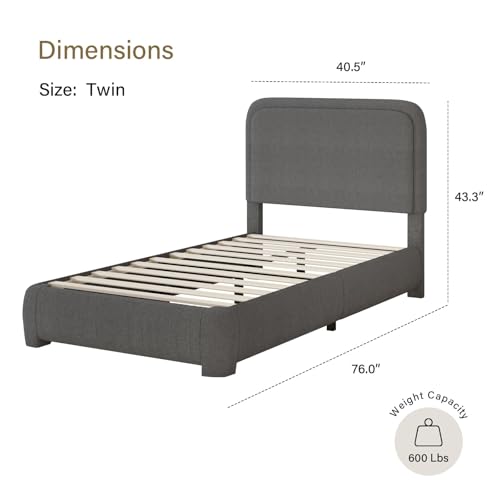 Image of BarnFurin Twin Bed Frame, Cloud Boucle Headboard, Rounded Corners, Grey | Soft boucle and rounded edges create a low-profile cloud look. Wooden slats support the mattress without a box spring