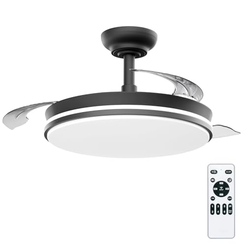 LEDUNI Ventilador de techo con luz con mando 3 aspas, Motor DC 30W+Luz LED,temporizador, 6 velocidades, aspas retráctiles, 3 temperaturas de luz, función verano invierno Silencioso (Negro, 50CM)