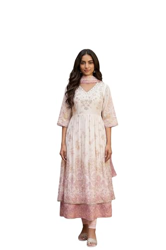 Ensemble kurta Anarkali blanc en pur coton imprimé floral avec leggings et dupatta pour femme