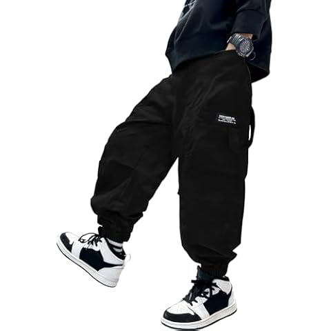 Big Boys Loose Casual Cargo Jogging Pants Elastic Waist Decorative Side Loop Trousers, Black,13-14 Years = Tag 170 Cover