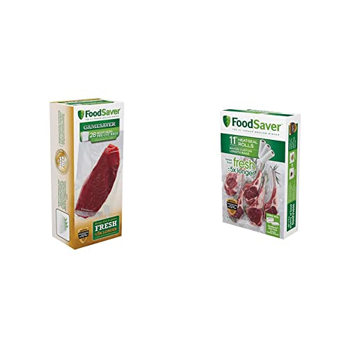FoodSaver 1-Gallon GameSaver Heat-Seal Pre-Cut Bags, 28 Count & Vacuum Sealer Bags, Rolls for Custom Fit Airtight Food Storage and Sous Vide, 11