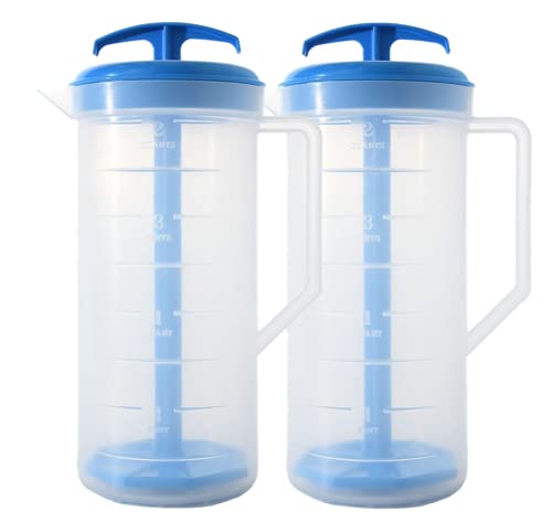 JBK Pottery 2-Quart Blue Mixing Pitcher with Plunger – BPA-Free Plastic Jug for Juice, Milk, Tea, Shakes, and More – Dishwasher-Safe, Spill-Proof Lid, Smart Stirring Design, 2 Pack