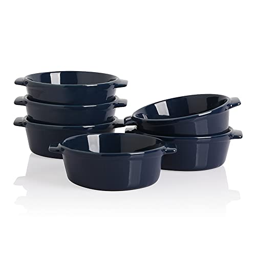 Sweejar Home Ceramic Souffle Dishes, Round Handle-Ramekins-Baking, 295 ML for Pudding,Creme Brulee,Souffle - Set of 6 (Navy)