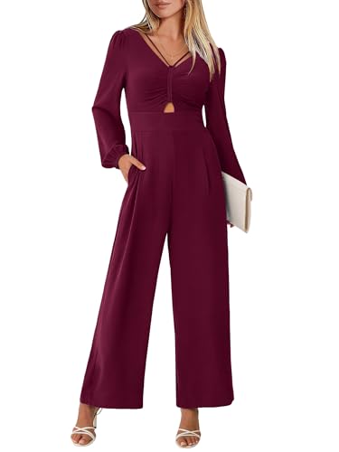 ANRABESS Womens Jumpsuits Dressy Long Sleeve Wide Leg V Neck Pants Rompers 2026 Fall Formal One Piece Wedding Guest Outfits Wine Red Medium