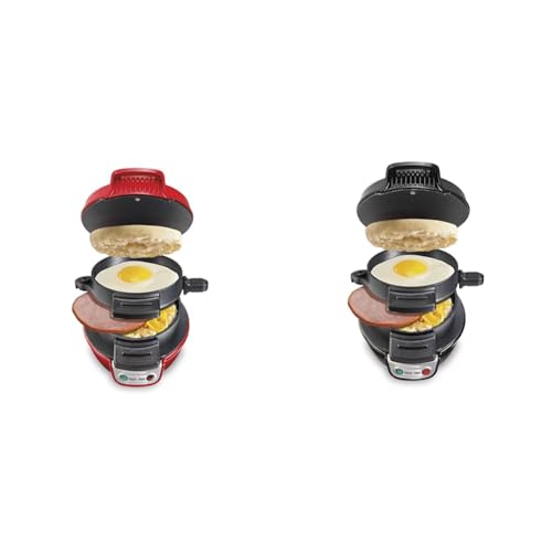Image of Hamilton Beach Breakfast Sandwich Makers with Egg Cooker Ring for English Muffins, Croissants, Mini Waffles, Red (25476) and Black (25477)
