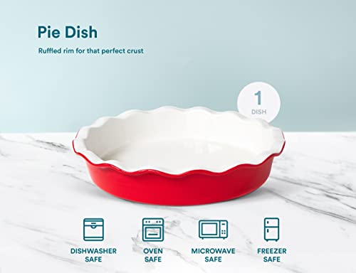 Kook Pie Dish, Round Pie Pan/ Plate, Deep Dish, Ruffled Wave Edge, For Kitchen Cooking/ Baking Dessert Dinner, 10-Inch Ceramic Make, 42Oz (Cherry) #TOP3