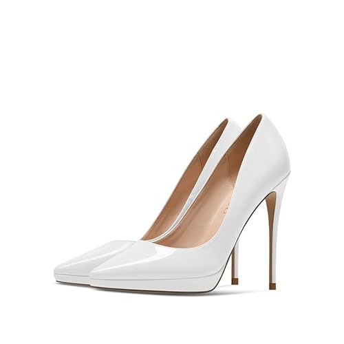 GOXEOU Zapatos de tacón Alto para Mujer, de Charol, Plataforma Impermeable, Punta Puntiaguda, tacón Alto, para Fiesta, Sexy, Moda, Tacón Blanco de 4.7 Pulgadas, 39 EU Cover