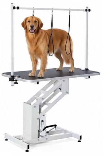 PeakPursuit 43.3" Hydraulic Dog Grooming Table, Professional Pet Grooming Table for Medium & Large Dogs with Overhead Arm & Noose, Adjustable Height 22"-39", Max Weight Capacity 350 Lbs, White