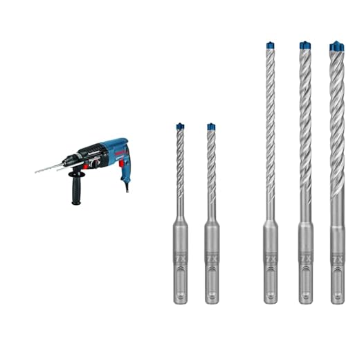 Bosch Professional 06112A3070 Rotary Hammer Drill GBH 2-26 (230 V, SDS Plus, 830 W, in Carrying Case), Navy Blue + 5X Expert SDS plus-7X Hammer Drill Bit Set (for Soft Stone, Hard Stone, Ø 5-10 mm)