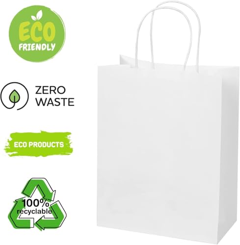 Image of Kraft Paper Bags with Handles, 25pcs White Small Return Gift Bags Bulk, Retail, Shopping, Birthday Wedding Party Favour, Merchandise Bags | Small Size: 6x4x8 inch WHITE