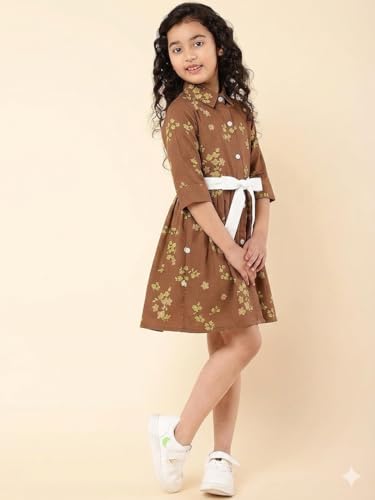 Image of A.T.U.N. (ALL THINGS UBER NICE) Girls 100% Cotton Shirt Dress with Belt | Button-Down Dress with Collar Neck | Soft Breathable Kids Outfit for Girls