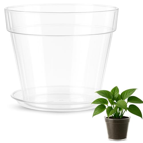 TECHZOCO Macetero con Plato, Maceta Redonda clásica de plástico con Plato, Tiesto para Plantas, Polipropileno, 20 cm Altura x 21.3 cm Diámetro Superior x 13.2 cm Diámetro Base, Transparente.