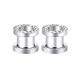 Aotiwe 2 aretes de calibre para hombre, calibre de oreja, aro de plata con circonita cúbica de acero inoxidable, 8G, Acero inoxidable, Circonita cúbica