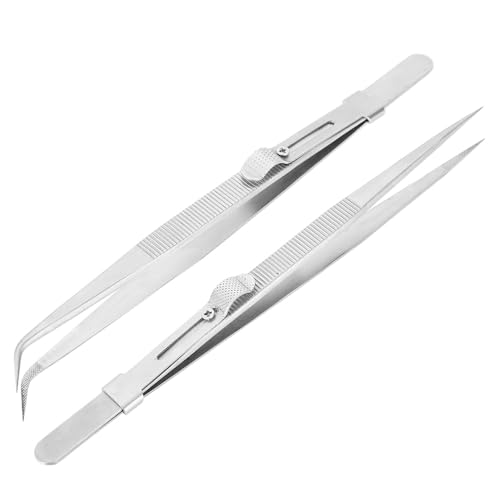 Yakamoz Professional Diamond Tweezers, 2Pcs Stainless Steel Straight and Curved Pointed Tip Slide Locking Tweezers for Gem, Jewelry, Craft Industrial