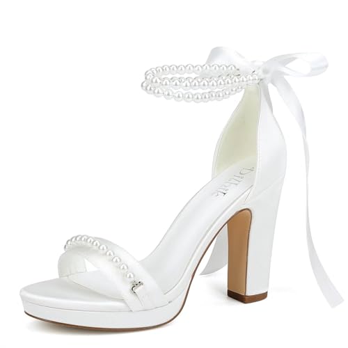 Pearl Wedding Shoes for Bride High Heel Platform Wedding Sandals Chunky Heel Bridal Shoes